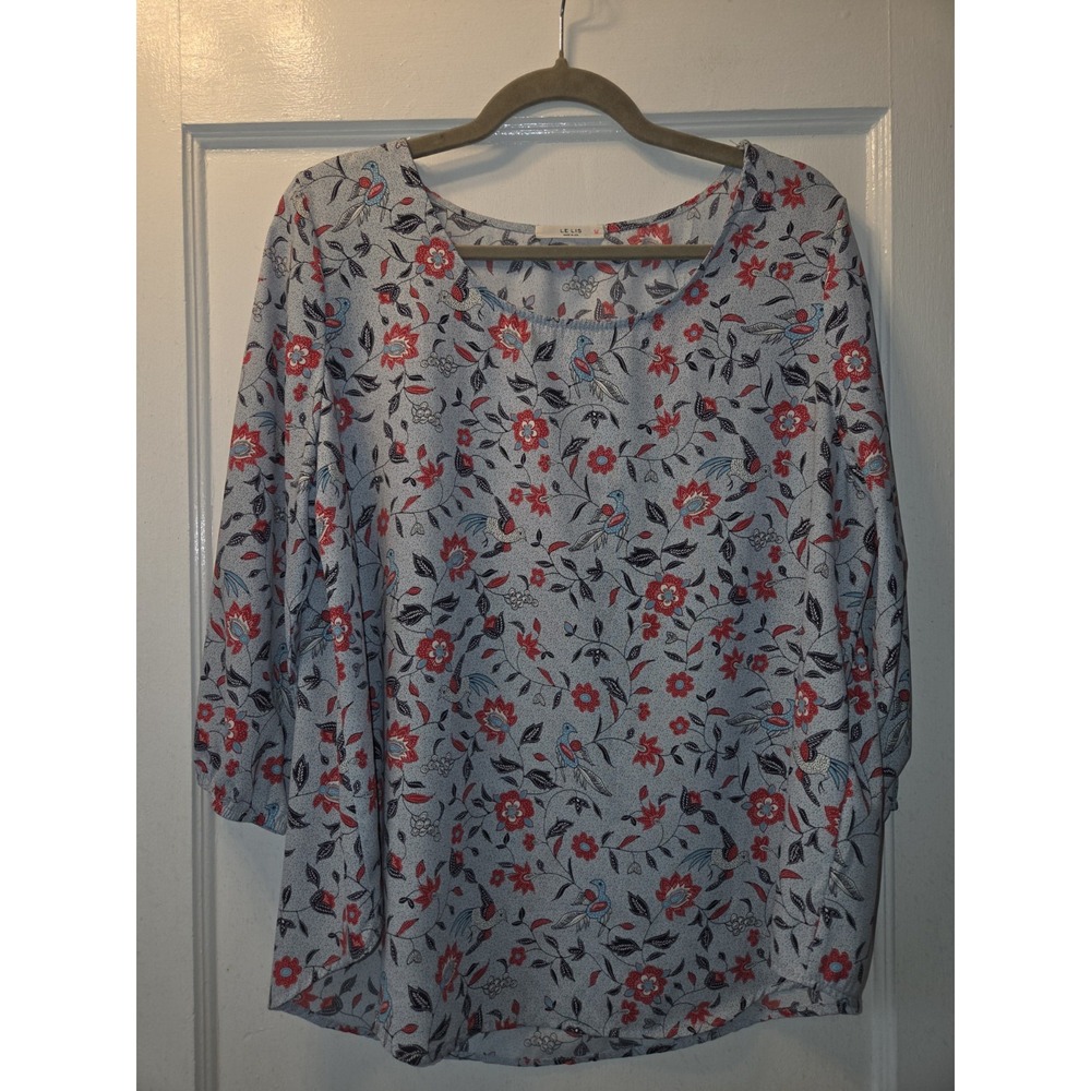 Le Lis Women's Blue Floral Bird Print Blouse Size XL